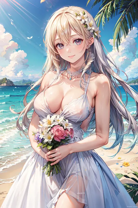 a beautiful woman, a white and dress, in a beautiful beach, long hair in a mess, flirting, light smile, Holding flowers, ultra HD, realistic, bright colors, high detail, UHD drawing, perfect composition, beautiful detailed complex
