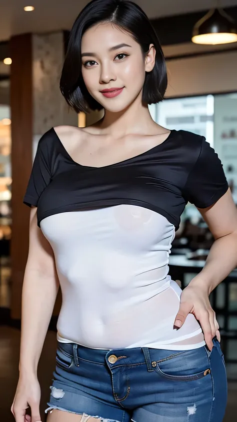 a beautiful woman, short hair, plump body, natural breasts, long legs, casual white tight shirt with o-neck short-sleeve and jeans short shorts, high heels, seductive look, sexy pose, smiling, front view, detailed face, realistic, photo realistic, shopping...