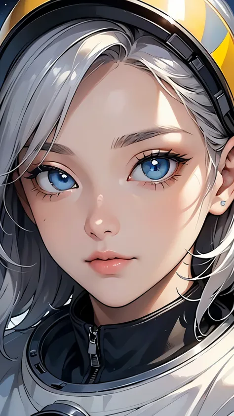 ( Close-up, Higher Quality Masterpiece:1.5)0.9], (Space and astronauts:1.2) (Disheveled silver hair:1.1) (Heterochromia with yellow eyes and blue eyes :1.2) (Space Helmets :1.0) (Colored Stars in Your Eyes :1.0) (Shining Light:1.1) (Big Lips:0.9)