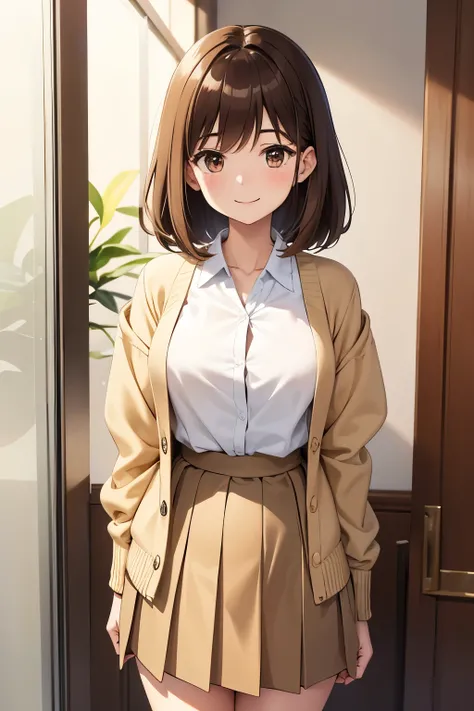 {
  "prompt": "A cheerful young woman, 23 years old, with shoulder-length brown hair and a bright smile. She has a slender figure and is dressed in a casual but fashionable outfit: a beige cardigan over a white blouse and a pleated skirt. Her posture is re...