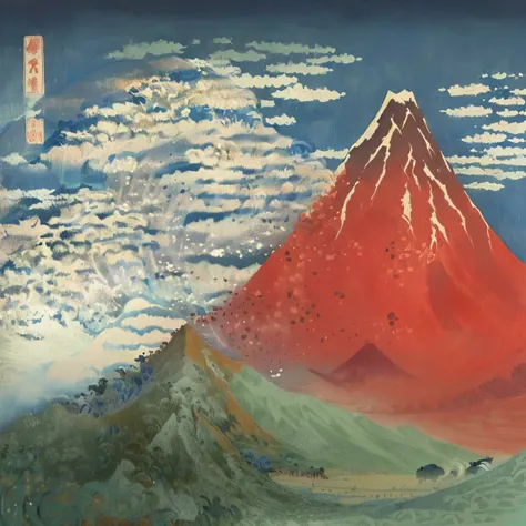 Close up of the mountain and sky background of the painting, katsushika Hokusai style,  Katsushika Kitasai ,   inspired man and  , By Hokusai, Hokusai style, by Katsushika Hokusai, Hokusai-style ,  inspired by Miyagawa Kazumori 