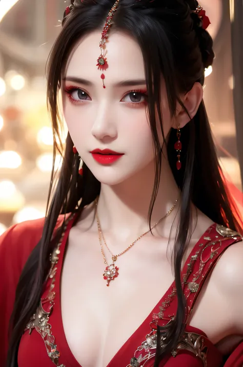 best quality, masterpiece, highres, official art, extremely detailed cg unity 8k wallpaper, jiapliqiao, 1girl, long hair, 1girl, jewelry, solo, earrings, red lips, hair ornament, makeup, realistic, red dress, necklace, full body