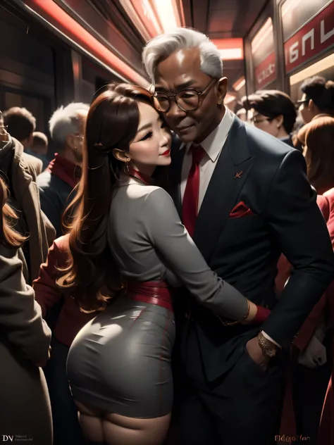 A beautiful woman wearing a revealing skirt suit, her elderly husband hugged and kissed her from behind in the crowded crowd, UHD, masterpiece, textured skin, super detail, best quality, 8k.