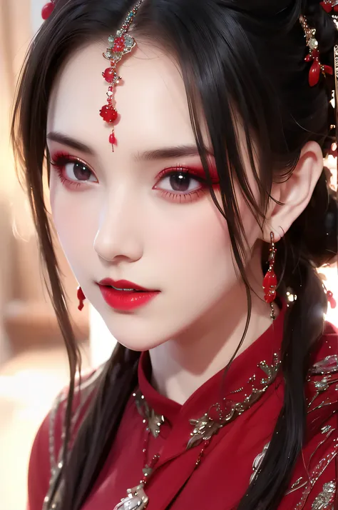 best quality, masterpiece, highres, official art, extremely detailed cg unity 8k wallpaper, jiapliqiao, 1girl, long hair, 1girl, jewelry, solo, earrings, red lips, hair ornament, makeup, realistic, red dress, necklace, full body, devilish smile