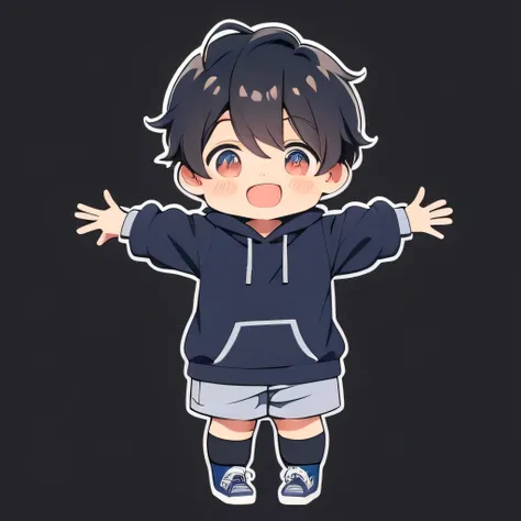 Harvest 、 brown hair 、exhibit、exhibit,twin、Very short、1 person,Short hair, solo, (twitch emote:1), Red Cliff, black eyes, Comic strip , man、 white background , sticker, Thick Black Outline,、Short hair、 elementary school students、Full body exposure、 Blue ...