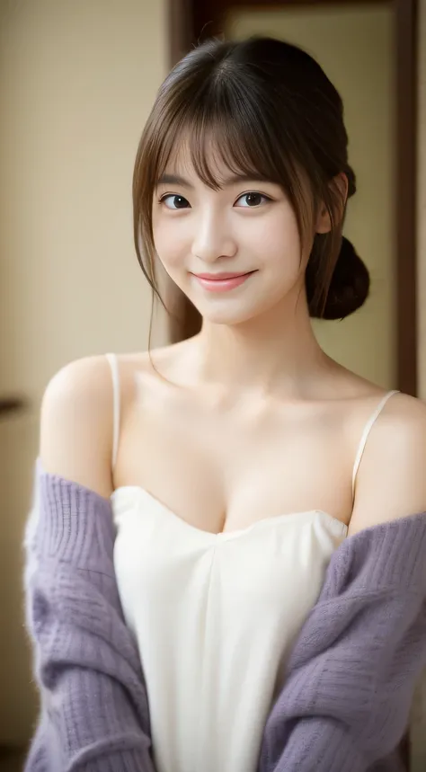 masterpiece,best quality,(Japanese girl),((Beautiful girl)),cleavage,(off shoulder:1.2),(perfect body beauty:1.2),(shy smile),From slightly above