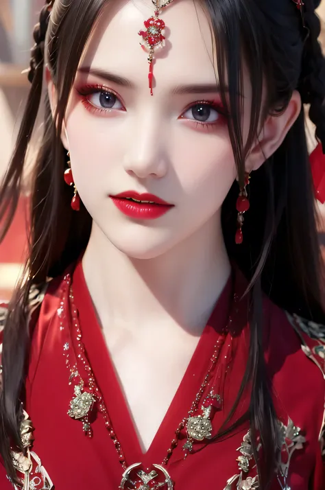 best quality, masterpiece, highres, official art, extremely detailed cg unity 8k wallpaper, jiapliqiao, 1girl, long hair, 1girl, jewelry, solo, earrings, red lips, hair ornament, makeup, realistic, red dress, necklace, full body, devilish smile
