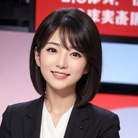  headshot by a professional Japanese female newscaster in her 20s。 Slightly asymmetric、Oval Face、Bright almond-shaped eyes 、small nose、 dazzling smile and plump lips 、Shining black hair that reaches up to the shoulders 、 wearing a red blazer 、 sitting at t...