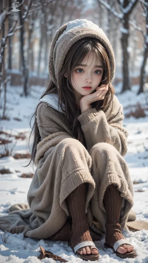 oil painting, Little desperate hopelessly freezing girl with ragged medieval clothes dirty and without shoes in the snow. Dishevelled hair, Tears run down her cheeks, Night falls and fog rolls in, oil painting,
