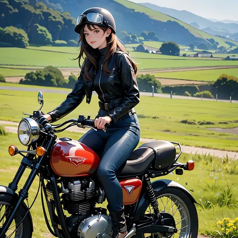 Vintage Bikes、Triumph、Isle of Man Races、(Young female rider stands on the back of her bike for a photo)、Leather jumper、Cromwell helmet with goggles、after the rain、English countryside landscape、