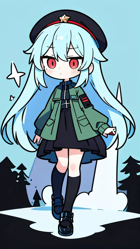 chibi style, a red-eyed young woman ,  Long light blue hair , serious look, bored,  light blue hair , porcelain skin, black beret on her head ,  dressed in a light green military-style jacket,  knee-length black dress ,  black patent leather shoes , medias...