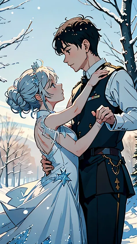 ( 2 people dancing on ice :1.2)、( 2 people are the Snow Queen and brave soldiers )、 elegant dance scene 、 contrast between the queens gorgeous costume and the soldiers military uniform、 Frozen Lake in the Forest 、 The Queens Castle Can Be Seen Across the F...