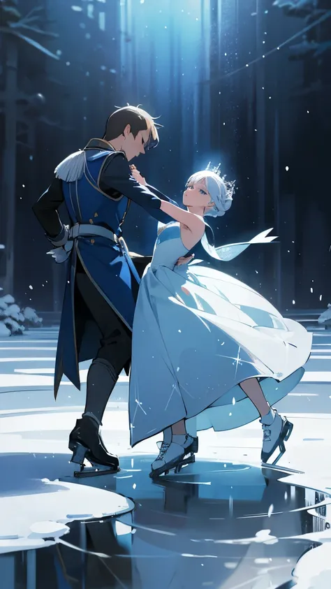 ( 2 people dancing on ice :1.2)、( 2 people are the Snow Queen and brave soldiers )、 elegant dance scene 、 contrast between the queens gorgeous costume and the soldiers military uniform、 Frozen Lake in the Forest 、 The Queens Castle Can Be Seen Across the F...