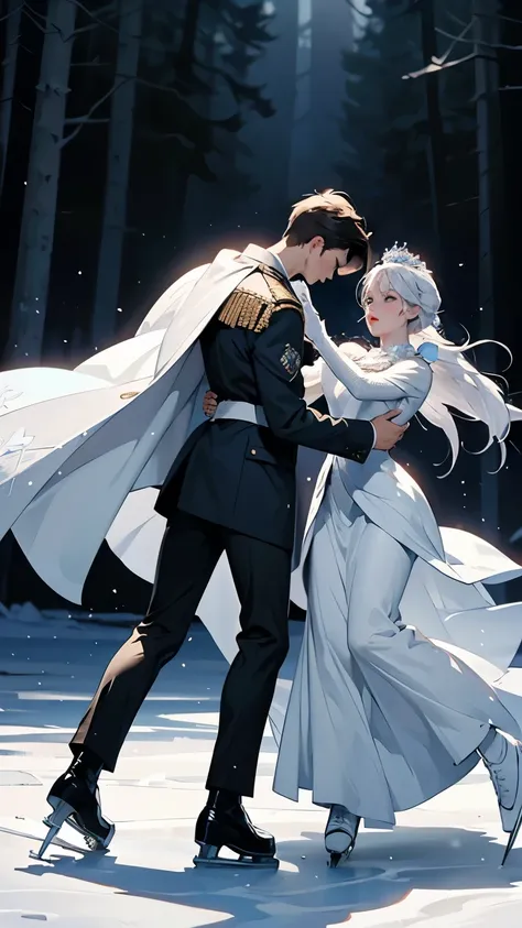 ( 2 people dancing on ice :1.2)、( 2 people are the Snow Queen and brave soldiers )、 elegant dance scene 、 contrast between the queens gorgeous costume and the soldiers military uniform、 Frozen Lake in the Forest 、 The Queens Castle Can Be Seen Across the F...
