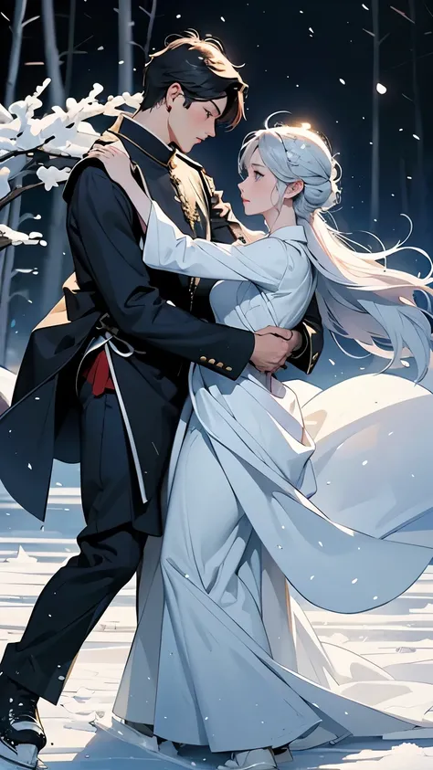 ( 2 people dancing on ice :1.2)、( 2 people are the Snow Queen and brave soldiers )、 elegant dance scene 、 contrast between the queens gorgeous costume and the soldiers military uniform、 Frozen Lake in the Forest 、 The Queens Castle Can Be Seen Across the F...