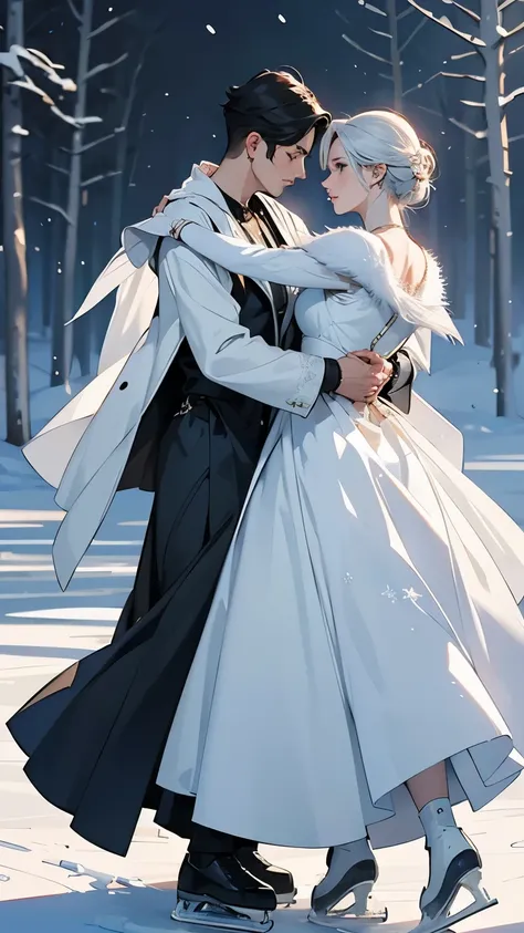 ( 2 people dancing on ice :1.2)、( 2 people are the Snow Queen and brave soldiers )、 elegant dance scene 、 contrast between the queens gorgeous costume and the soldiers military uniform、 Frozen Lake in the Forest 、 The Queens Castle Can Be Seen Across the F...