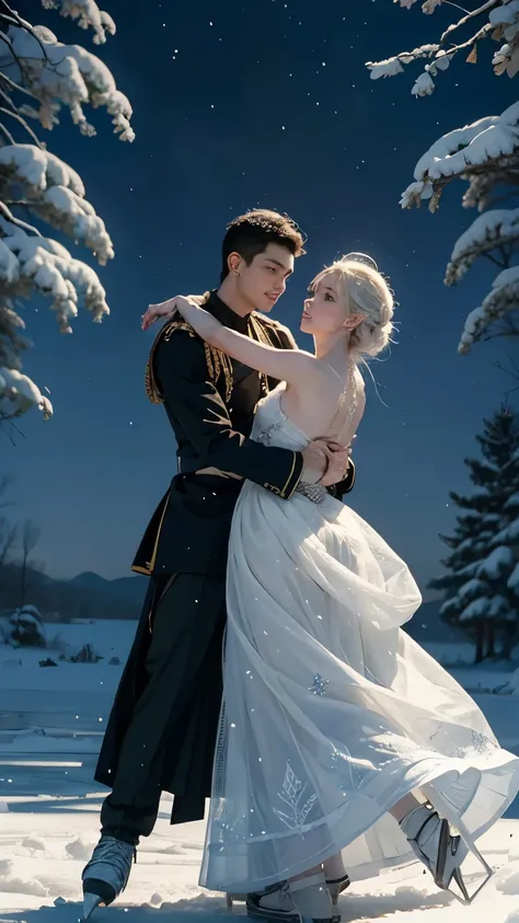 ( 2 people dancing on ice :1.2)、( 2 people are the Snow Queen and brave soldiers )、 elegant dance scene 、 contrast between the queens gorgeous costume and the soldiers military uniform、 Frozen Lake in the Forest 、 The Queens Castle Can Be Seen Across the F...