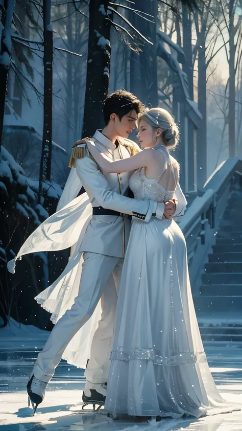 ( 2 people dancing on ice :1.2)、( 2 people are the Snow Queen and brave soldiers )、 elegant dance scene 、 contrast between the queens gorgeous costume and the soldiers military uniform、 Frozen Lake in the Forest 、 The Queens Castle Can Be Seen Across the F...