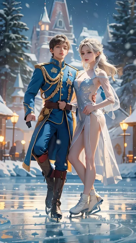 ( 2 people dancing on ice :1.2)、( 2 people are the Snow Queen and brave soldiers )、 elegant dance scene 、 contrast between the queens gorgeous costume and the soldiers military uniform、 Frozen Lake in the Forest 、 The Queens Castle Can Be Seen Across the F...