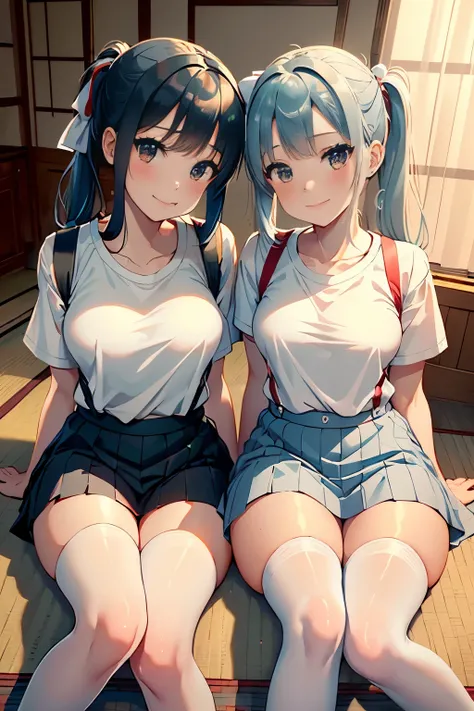 Young girls，double-ponytail，Pale blue hair，red color eyes，JK school uniform，solo person，Maid skirt，white stockings，White knee-length socks，Suspenders，looking to the camera，in a panoramic view，Lying on the couch，Five black males，White T-shirt，denim pant，Smi...