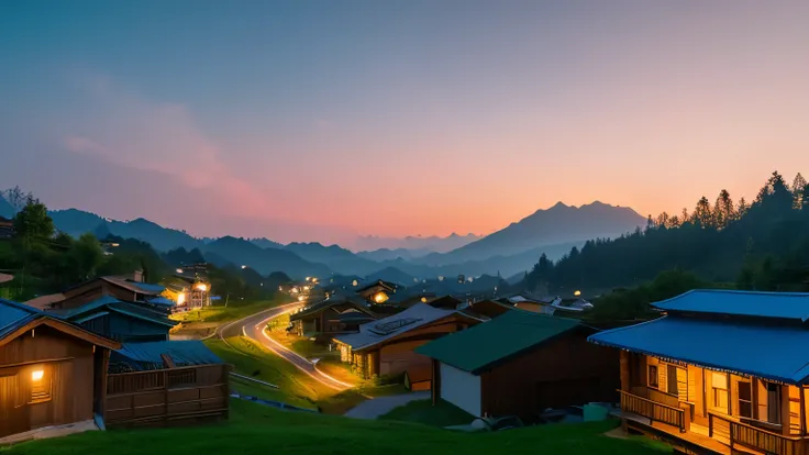 Mountain at night，houses，Mountain hut，Sun and Moon Shine Together（masterpiece：1.2）（photo） images of hope，清晨的street，street（Hyperreal：1.60）8k，The sun slowly rises ，Master photography
