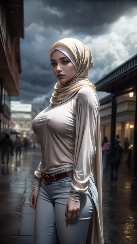 full body photo, 1 woman with large breasts, wearing a loose long-sleeved t-shirt, wearing white jeans, ((hijab)), face and body details, realistic, photorealistic, (in the city center crowd: 1.2), (cloudy weather and heavy rain: 1.4), photo-realistic, bes...