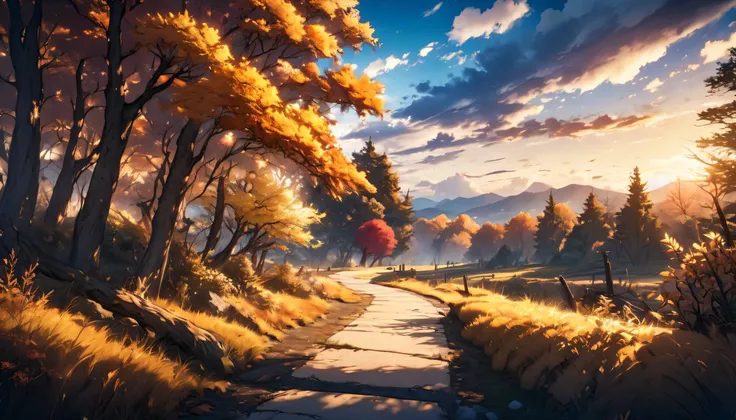 a beautiful end of autumn landscape, a path with withered trees, anime style, detailed foliage, dramatic lighting, vibrant colors, dramatic clouds, golden hour lighting, cinematic composition, detailed textures, serene atmosphere, beautiful scenery, highly...