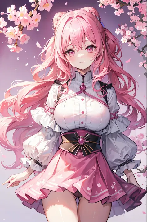 1 woman, (((High quality))), ((masterpiece)), (bright),  Pink Hair ,  Pink Eyes ,  medieval fantasy, cherry blossom tree background,  smiley face, Blush on cheeks,  wave hair,  smiles , Imperial Princess ,  wavy hair , noble clothes, Idiot hair , bright 눈동...