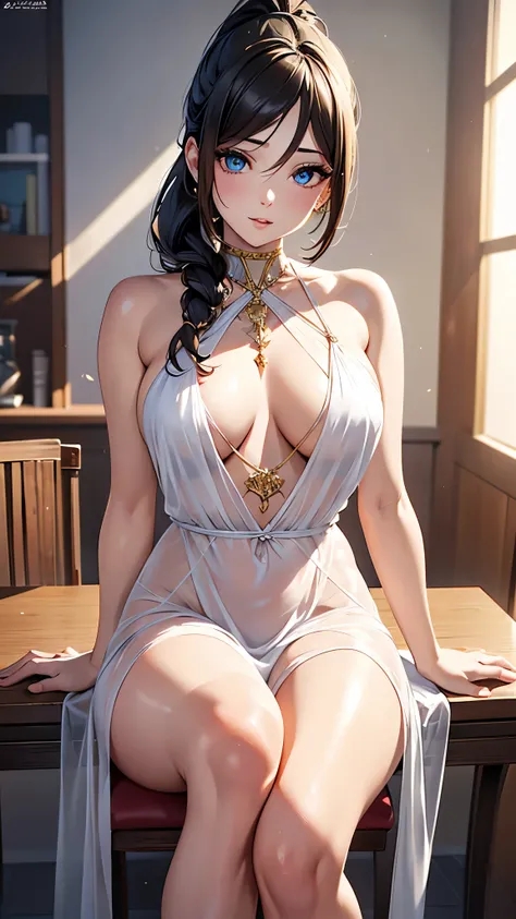 a girl in a semi-transparent dress, sitting on a chair backwards(more sexy pose), legs widely spread, gold jewelry on her bare body, rose tattoo on her stomach, long hair in a ponytail, detailed face, beautiful detailed eyes, beautiful detailed lips, extre...