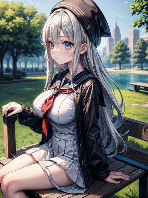 ( Masterpiece, 4k,  ultra high quality,  well detailed ),  a beautiful woman sitting on a bench in a park,  long hair ,  messy hair,  alba hair color ,  blue eyes ,  beautiful eyes , sad eyes, eyes without light , detailed face, Beautiful face, sad face,  ...