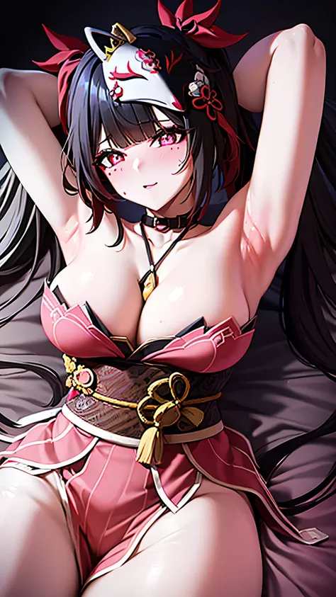 armpits, black hair, twin tails, fluorescent pink eyes with a light colored butterfly detail under her pupils, normal breast , white-and-red Kitsune mask is at an angle on the top of her head, armpits, body goals, in her room, seductive face, horny breath