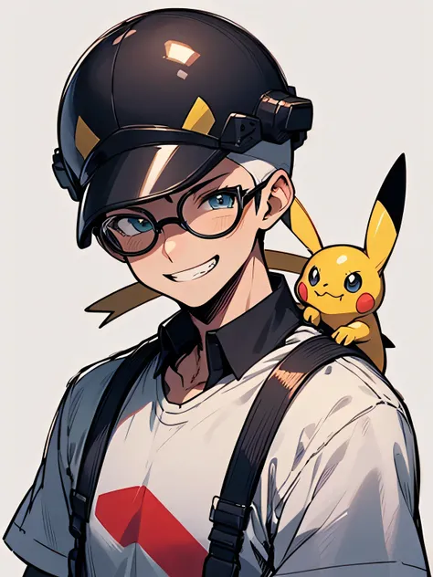 solo, upperbody, 40years old,bald head,man, males eyes, males nose, males mouth, yellow factory helmet, glasses, factory workers clothes, electrical equipment, grin, pikachu(pokemon), white simple background,(manga style),(sketch ),(illustration),