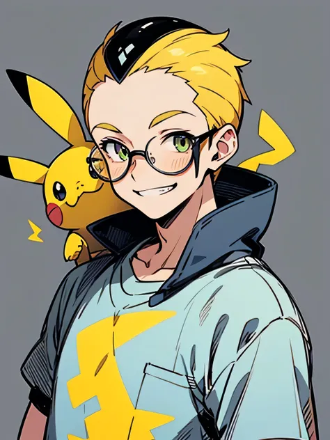 solo, upperbody, 40years old,man, males eyes, males nose, males mouth, yellow factory helmet, glasses, factory workers clothes, electrical equipment, forehead,sideshaved,grin, pikachu(pokemon), white simple background,(manga style),(sketch ),(illustration)...