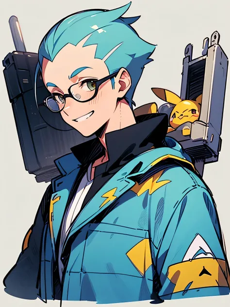 solo, upperbody, 40years old,man, males eyes, males nose, males mouth, yellow factory helmet, glasses, factory workers clothes, electrical equipment, forehead,sideshaved,grin, pikachu(pokemon), white simple background,(manga style),(sketch ),(illustration)...