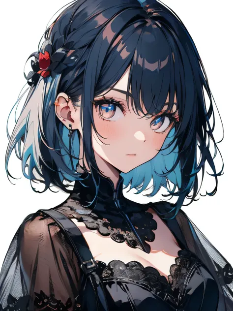  draw a black and white world、Light blue hair， 1 girl，Plain white background，Shining Eyes， red eyeshadow、 very detailed、 super high resolution rendering， black dress，Black lace