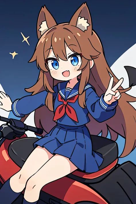  One Girl 、 long hair、Brown Hair、 animal ears 、Fox Ears、 blue eyes、 school uniform、Dark blue sailor suit、dark bull skirt、 Red Ribbons 、smile、Are you driving at high speed on a motorcycle、Double teeth