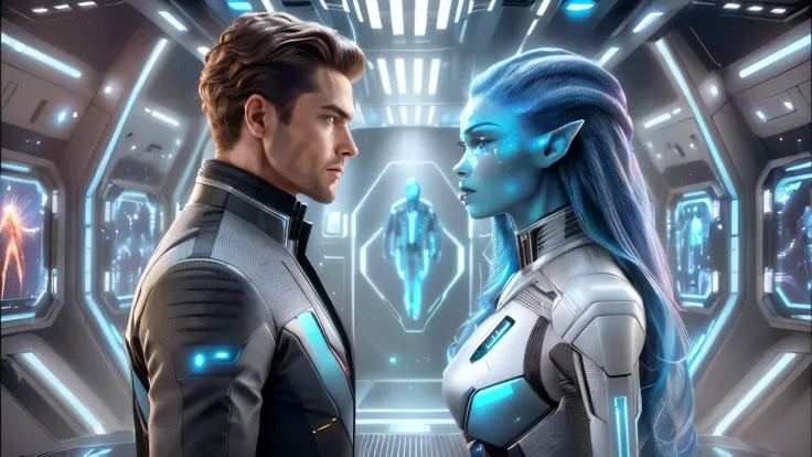 a close up of a person in a futuristic suit and a man in a suit, in a scifi movie, depicted as a scifi scene, from star trek 2021, from a 2 0 1 9 sci fi 8 k movie, cgi 8k, scene from starship, futuristic avatars,  alien man with alien woman