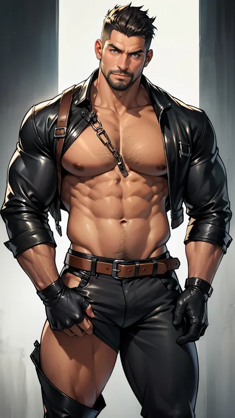   mature man ，45 years old，  short hair ,  shaved whiskey ，slag， muscular， huge pectoral muscles ， broad shoulders ， Thick-chested ，（ big lump in the groin  ：1.5）， leather harness ，  Tight pants ，（ naked torso) ， black leather gloves Rotate ， Obscene langu...