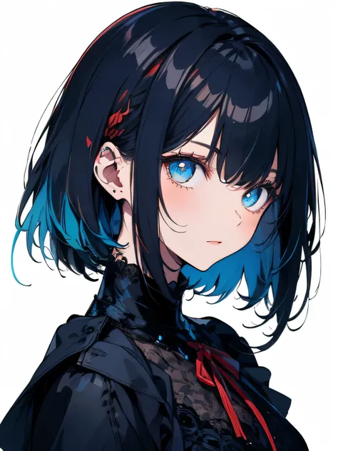  draw a black and white world、light blue gradient color hair， 1 girl，Plain white background，Shining Eyes，Sparkling blue eyes， red eyeshadow、 very detailed with crimson hair、 super high resolution rendering， black dress，Black lace