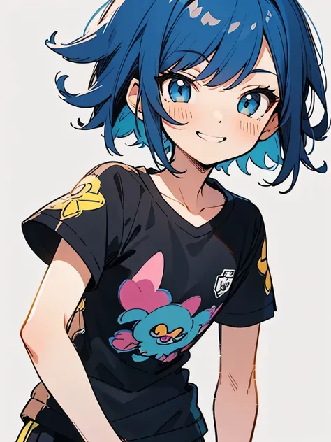 solo,upperbody,boyish short cut,blue hair color,tsurime,smile,black ブレザー,designing pattern short mini pants,good model pose,white simple background,(manga style),(sketch),(illustration),