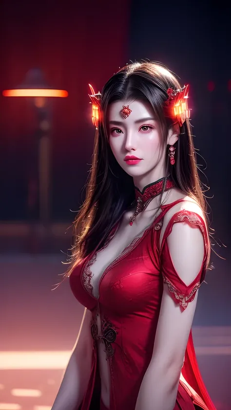  A very beautiful snake-haired banshee wearing Hanfu,  thin red silk shirt ， lots of patterns on it , Black lace top,  long hair dyed black , beautiful hair accessories,  pretty face beautiful and cute ,  Perfect Face , Earrings Jewelry, Lilac rabbit ears,...