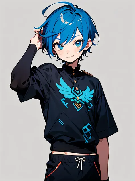 solo,upperbody,30years old,(boyish),boyish short pixie cut,undercut,deep blue hair color,males eyes,males nose,tsurime,smile,black princes clothes,designing pattern short mini pants,good model pose,white simple background,(manga style),(sketch),(illustrati...