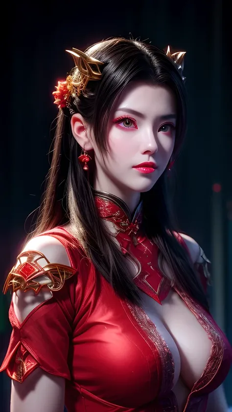  A very beautiful snake-haired banshee wearing Hanfu,  thin red silk shirt ， lots of patterns on it , Black lace top,  long hair dyed black , beautiful hair accessories,  pretty face beautiful and cute ,  Perfect Face , Earrings Jewelry, Lilac rabbit ears,...