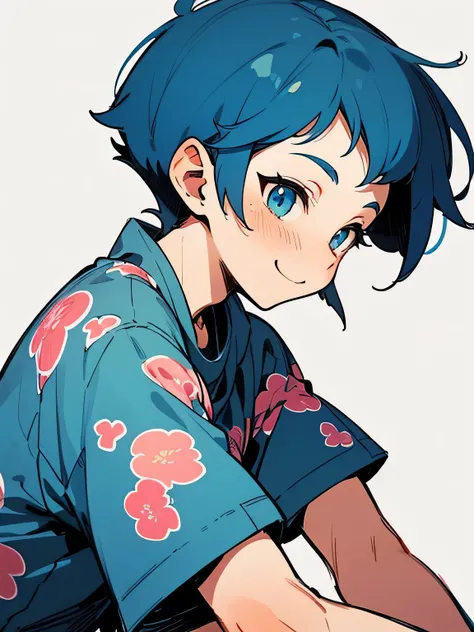 (sideview),solo,upperbody,30years old,(boyish adult woman),boyish short pixie cut,undercut,deep blue hair color,males eyes,males nose,tsurime,smile,black princes clothes,designing pattern short mini pants,good model pose,white simple background,(manga styl...