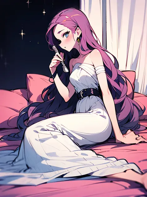 sideview,sitting,20years old,solo, black straight loose long hair, forehead, belted maxi dress with a scoop neckline and a flowy silhouette.sexy slim, bluepink eyeshadow, makeup, pale lips, night, white hotel room, luxury bed, female in heat, looking at yo...