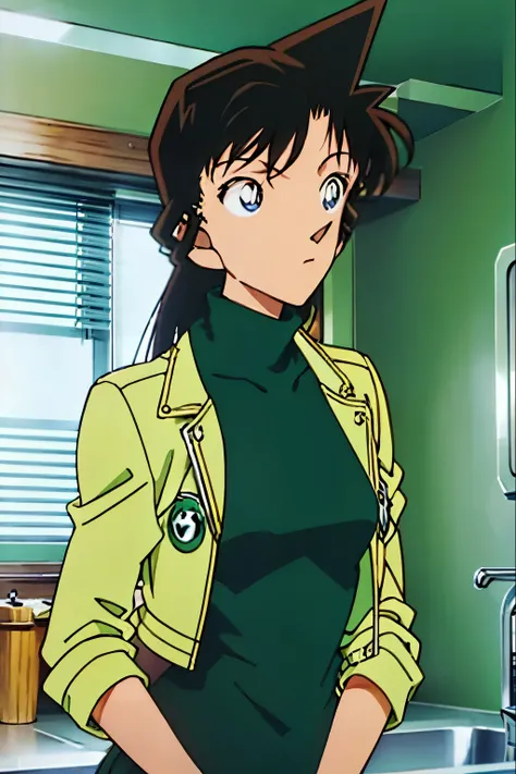 {{{mouri ran}}},{{{Detective Conan}}},{{{long hair}}},{{{official style}}},{{{adult}}},green dress,one-piece dress,turtleneck,green miniskirt, {light green cropped mini jacket},{light green cropped mini jacket},green socks,,sink,laundry,kitchen,bringing up...