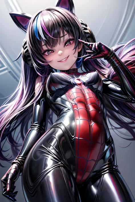 (kawaii), (evil valley girl), (under teen:1.4), (shiny spider_man costume, tight bodysuit:1.3), collar, (leather gloves:1.1), colorful, (anime face:1.2), (scornful smile), (put on earrings:1.1), (low poly), (extreme evil smile:1.3), (highlighted eyes with ...