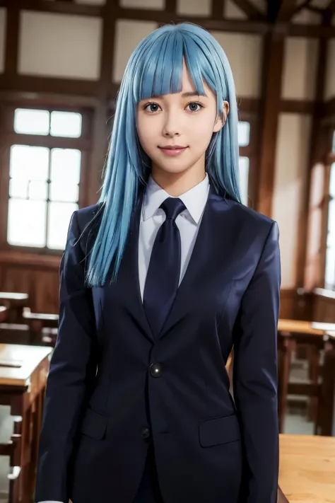 (extremely detailed CG unity 8k wallpaper),(masterpiece),(best quality),(ultra-detailed),(best illustration),(best shadow),(absurdres),  Kasumi, 1girl, solo, blue hair, necktie, long hair, blue eyes, bangs, jacket, shirt, looking at viewer, formal, suit, w...