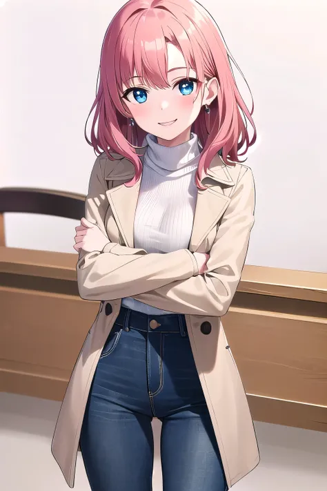 1girl,Samus aran,solo,blue eyes, pink hair, forehead hair, White turtleneck, dark blue skinny jeans, beige trench coat, brown ankle boots, loose wavy hairstyle, neutral makeup, pearl stud earrings, confident and relaxed pose, smiling expression, in front o...