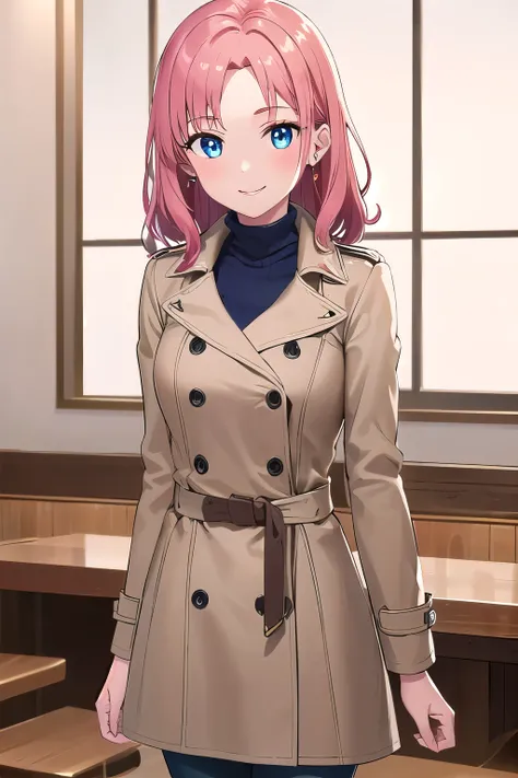 1girl,Samus aran,solo,blue eyes, pink hair, forehead hair, White turtleneck, dark blue skinny jeans, beige trench coat, brown ankle boots, loose wavy hairstyle, neutral makeup, pearl stud earrings, confident and relaxed pose, smiling expression, in front o...